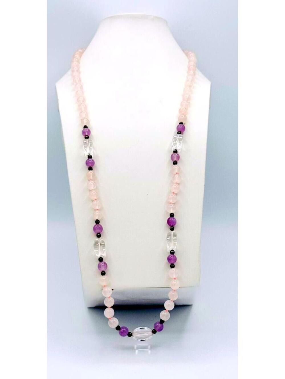 Rose quartz, amethyst beads,faceted crystal beads and brass spacer bead necklace